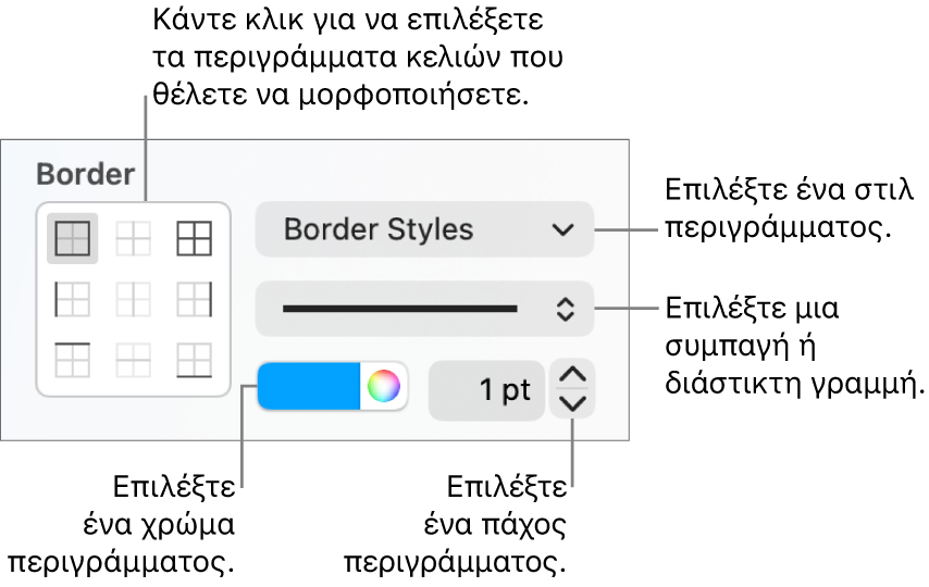 Τα στοιχεία ελέγχου της πλαϊνής στήλης για την αλλαγή της εμφάνισης των περιγραμμάτων κελιών.