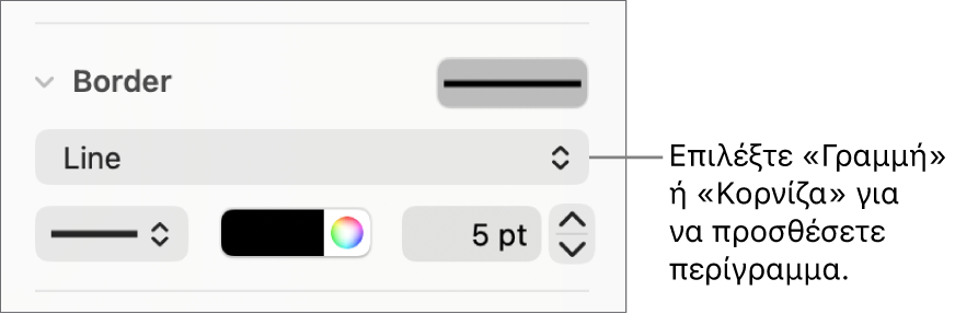 Τα στοιχεία ελέγχου «Στιλ περιγράμματος» στην πλαϊνή στήλη «Μορφή» με επιλεγμένη τη «Γραμμή» ως τύπο περιγράμματος.