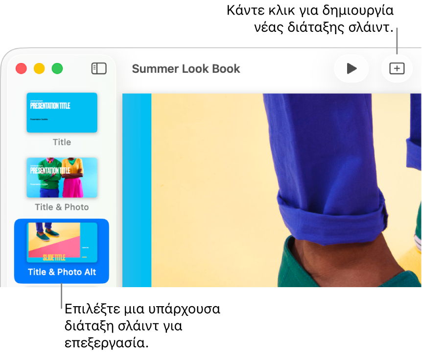 Μια διάταξη σλάιντ στην περιοχή διάταξης σλάιντ, με το κουμπί «Προσθήκη σλάιντ» πάνω από αυτό στη γραμμή εργαλείων.