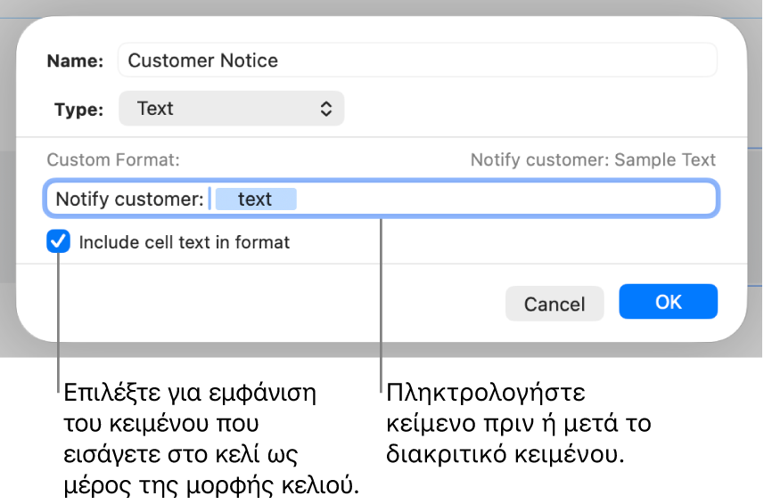Προσαρμοσμένη μορφή κελιού κειμένου.