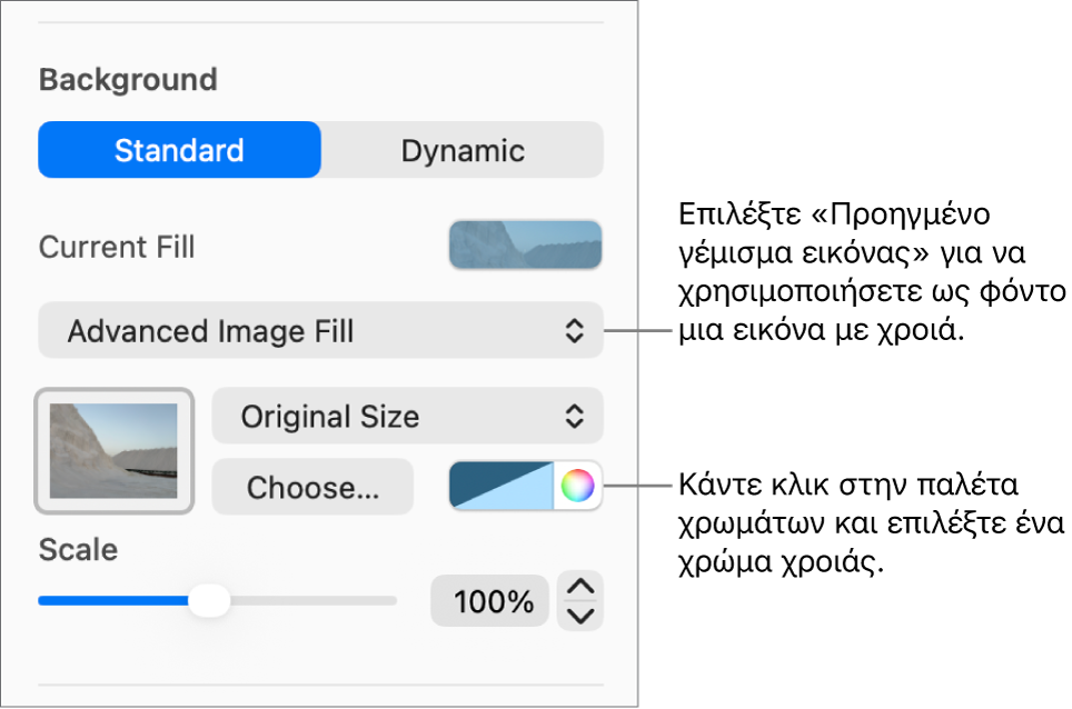 Τα στοιχεία ελέγχου Φόντου με ένα «Προηγμένο γέμισμα εικόνας» με χροιά που έχει οριστεί ως φόντο του σλάιντ.