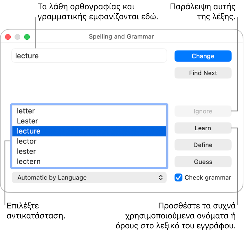 Το παράθυρο «Ορθογραφία και γραμματική».