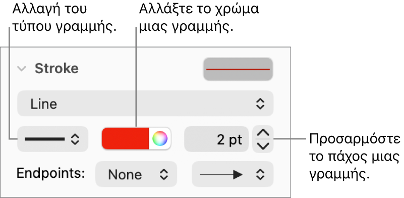 Τα στοιχεία ελέγχου περιγράμμισης για τον ορισμό τελικών σημείων, πάχους γραμμής και χρώματος.