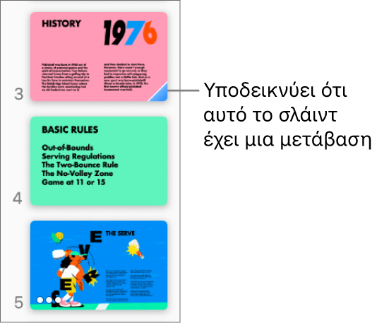 Ένα μπλε τρίγωνο σε ένα σλάιντ υποδεικνύει ότι το σλάιντ περιέχει μια μετάβαση.