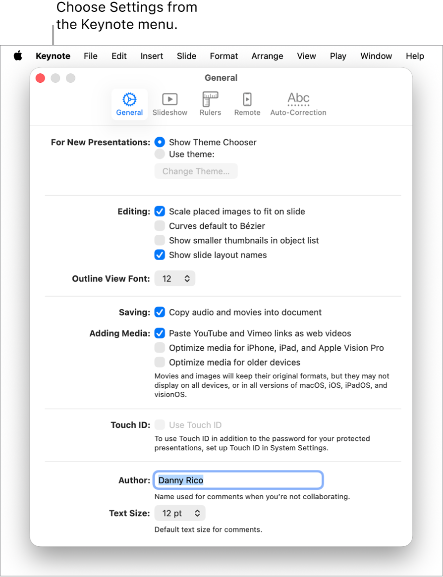 The Keynote settings window open to the General pane.