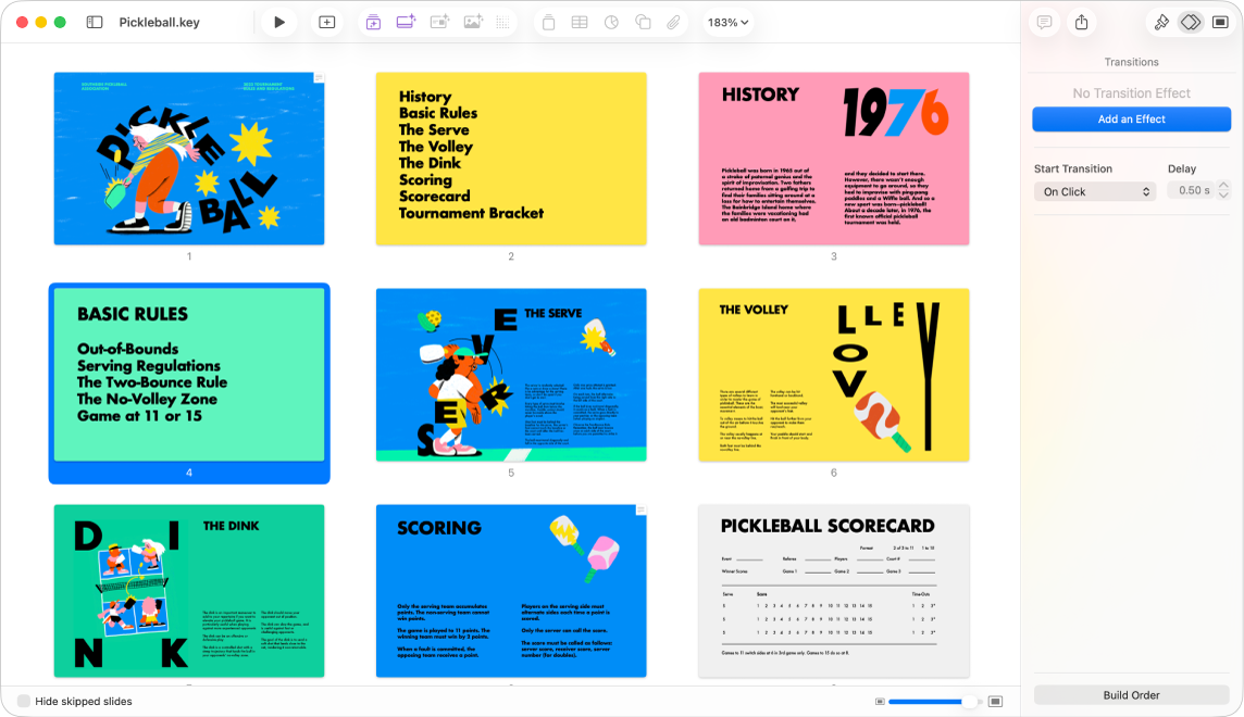 Light table view displaying nine slides horizontally in two rows, with options to change the theme’s appearance in the Format sidebar on the right side of the screen.