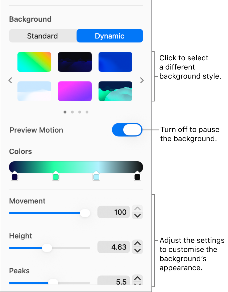 The Dynamic button selected in the Background section of the Format sidebar with the dynamic background styles, Motion Preview control and appearance controls displayed.