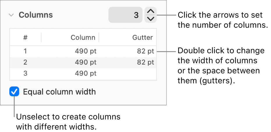 Controls in the columns section for changing the number of columns and the width of each column.