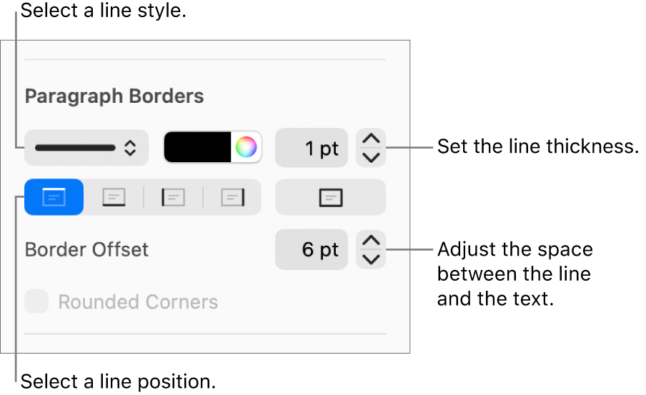Controls to change the line style, thickness, position and colour.