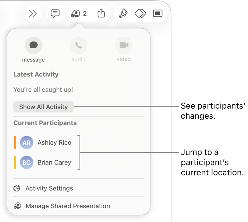 The collaboration menu with two current participants listed.