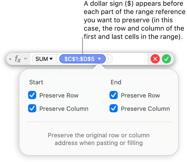 The Formula Editor showing Preserve Row and Preserve Column options selected for a certain range.
