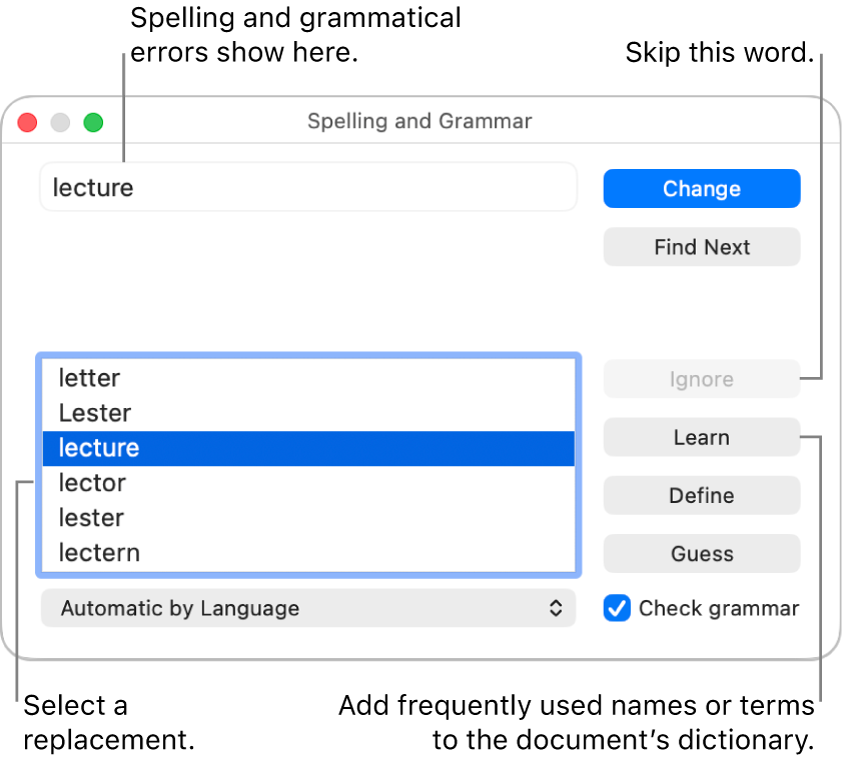 The Spelling and Grammar window.