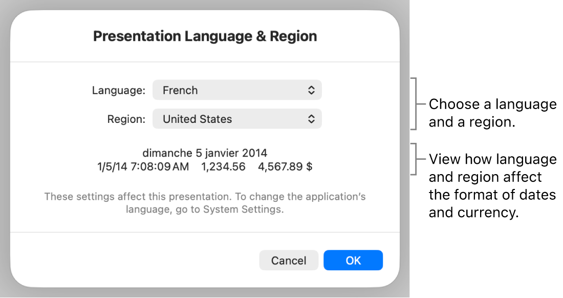 Language & Region pane with controls for language and region, and a format example including date, time, decimal and currency.