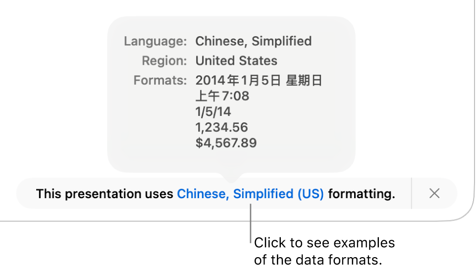 The notification of the different language and region settings, showing examples of formatting for that language and region.