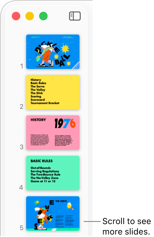 The slide navigator depicting five slides vertically in sequential order, with the option to scroll down to view more slides.