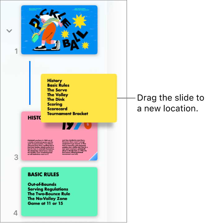 The slide navigator showing a reordered slide thumbnail with a line on the left.