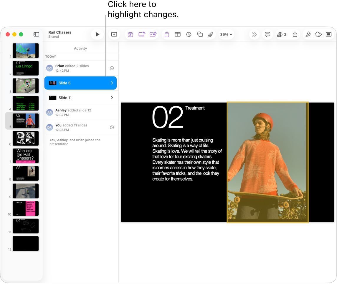 A collaborative presentation with the collaboration menu and activity list both open.