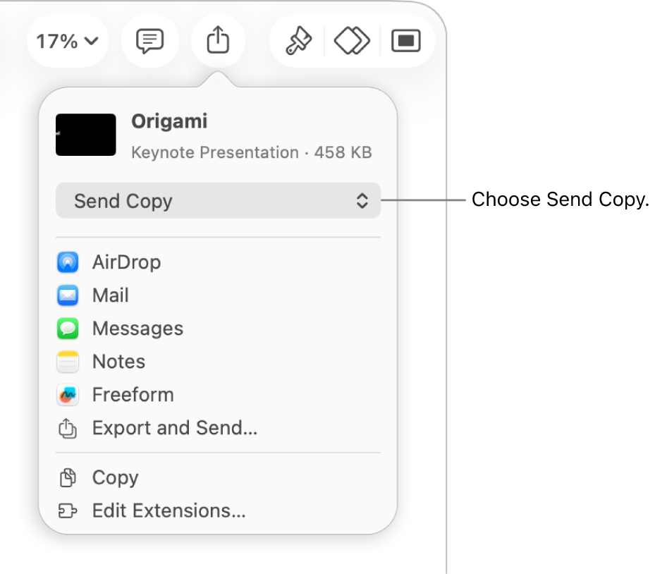 The Share menu with Send Copy selected at the top.