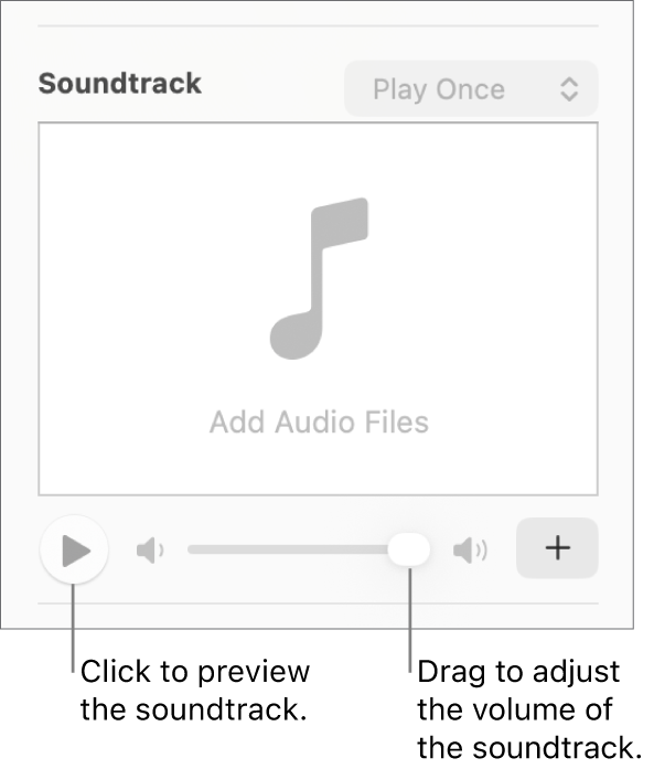 The Soundtrack controls with the Play button and volume slider called out.