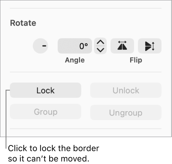 The Rotate, Lock and Group object controls with the Lock button called out.