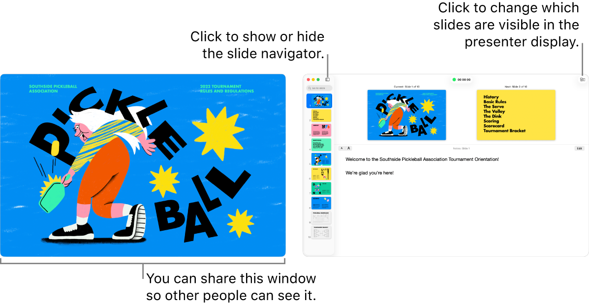 A Keynote presentation displayed in a window with the presenter display in a second window containing the slide navigator, presenter notes and slide preview.