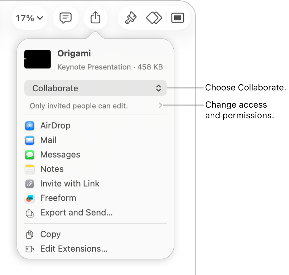 The Share menu with Collaborate selected at the top, and access and permission settings underneath.