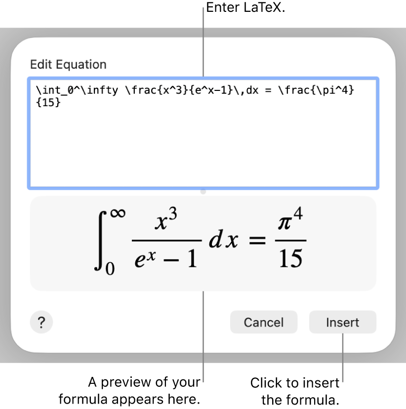 The quadratic formula written using LaTeX in the Equation field and a preview of the formula below.