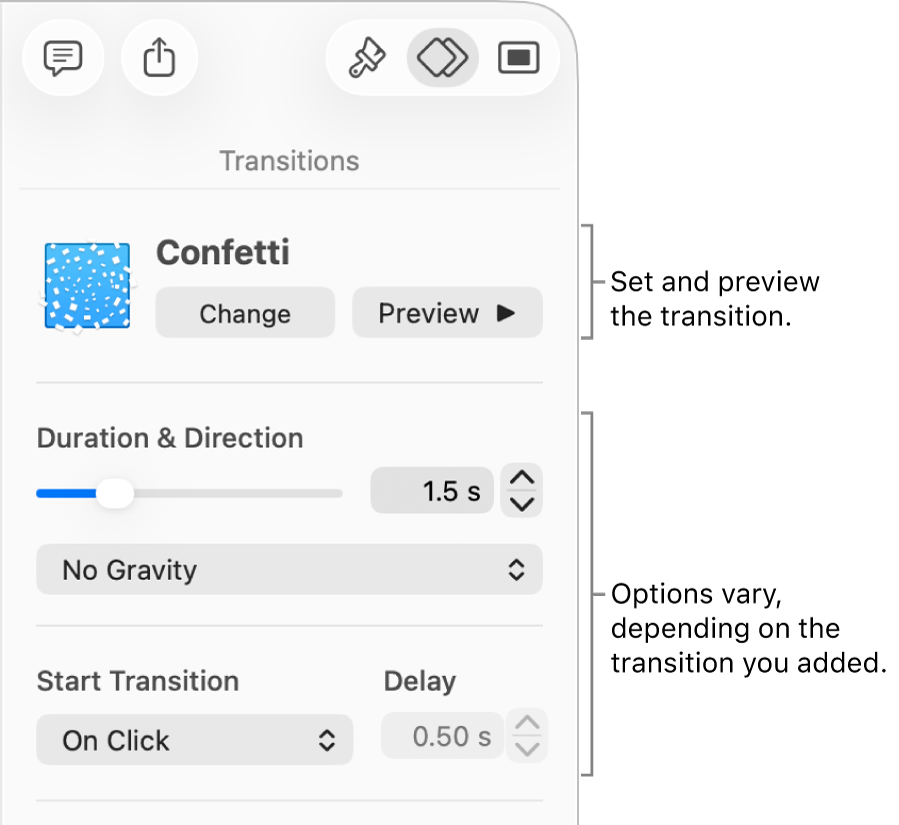 Transition controls in Transitions section of the sidebar.