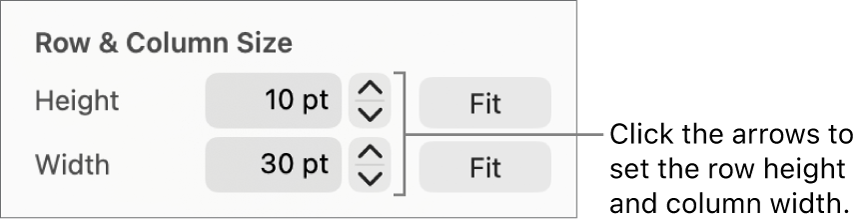 The controls for setting a precise row or column size.