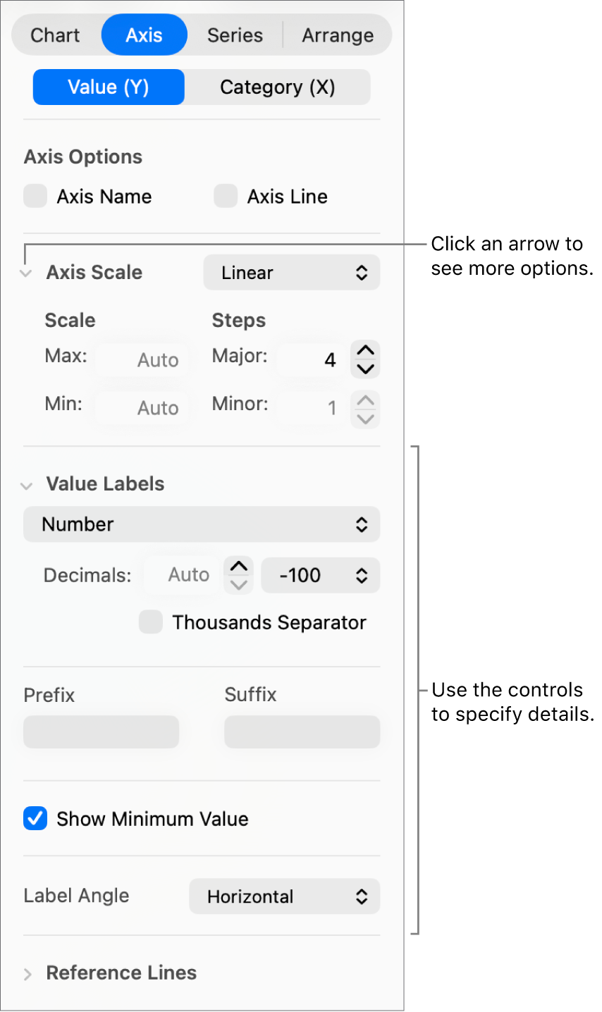 Controls for formatting graph axis markings.