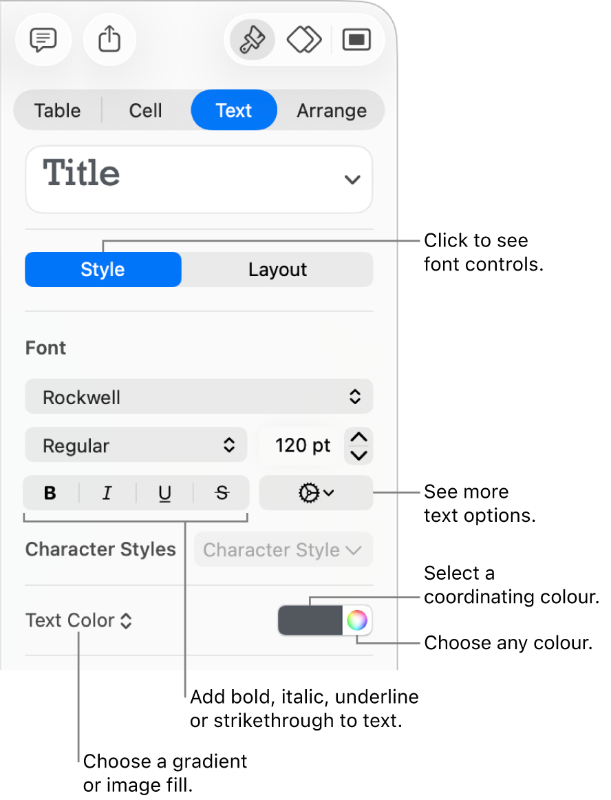 The controls for styling table text.