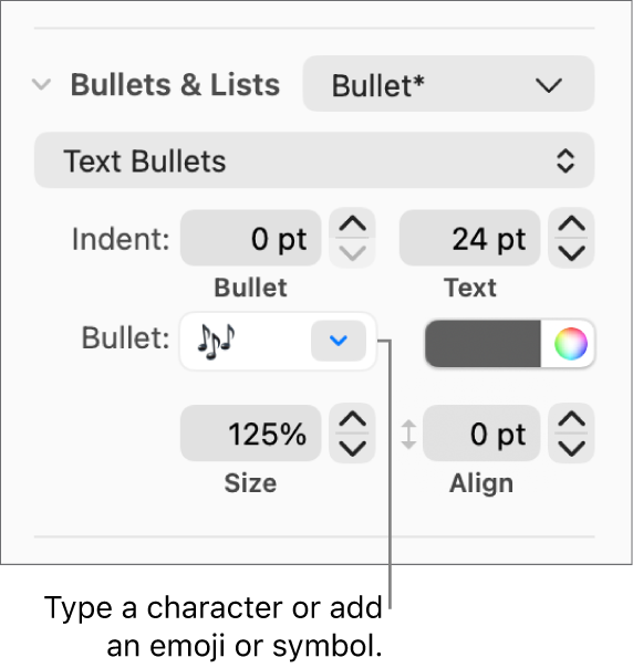 The Bullets & Lists section of the Format sidebar. The Bullet field shows a flower emoji.