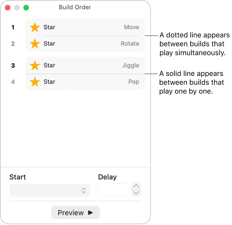 The Build Order menu, with a dotted line appearing between builds that play simultaneously and a solid line between builds that play one by one.