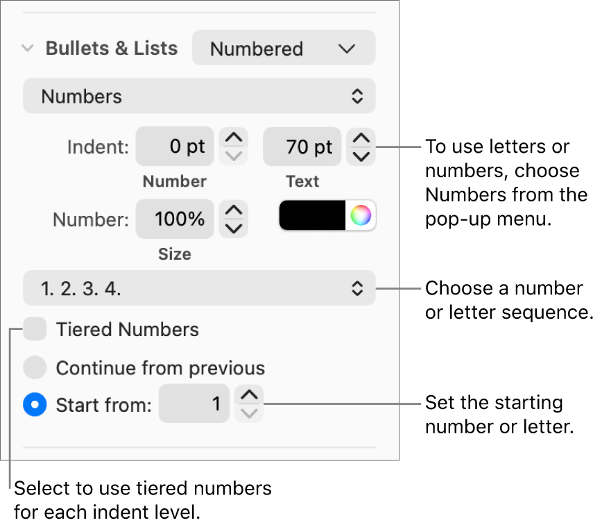 Controls for changing the number style and spacing of a list.