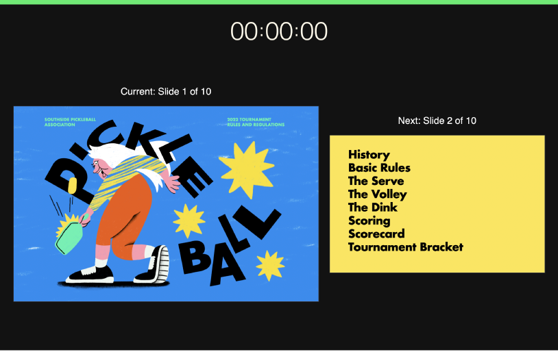 The Keynote window with the presenter view showing. The current slide is on the left with the next slide on the right. The presentation timer appears at the top of the screen.