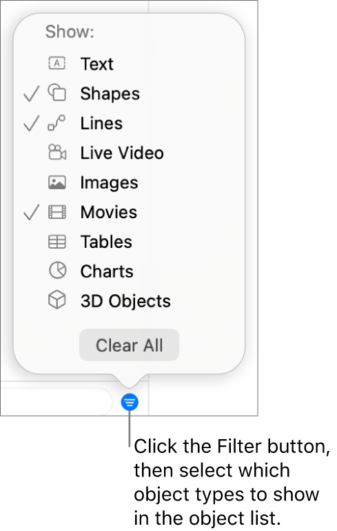 The Filter pop-up menu open, with a list of the types of objects the list can include (text, shapes, lines, images, movies, tables and charts).