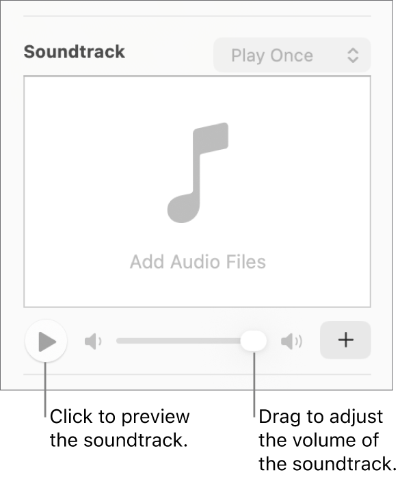 The Soundtrack controls with the Play button and volume slider called out.