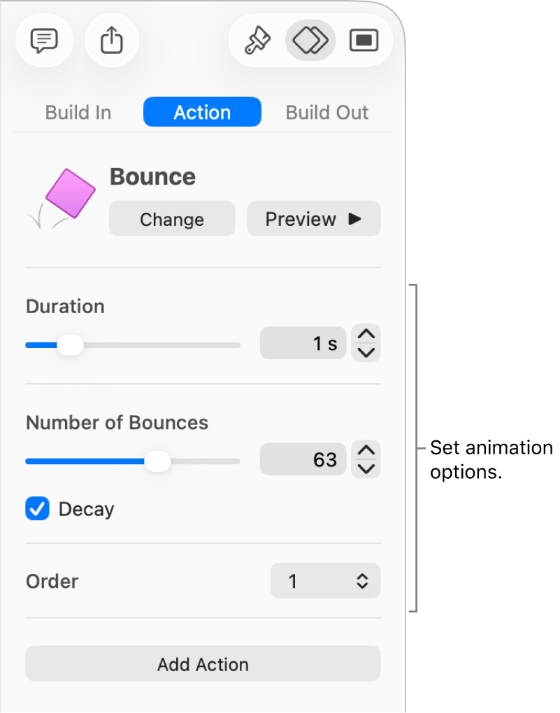 Action controls in the Animate section of the sidebar.