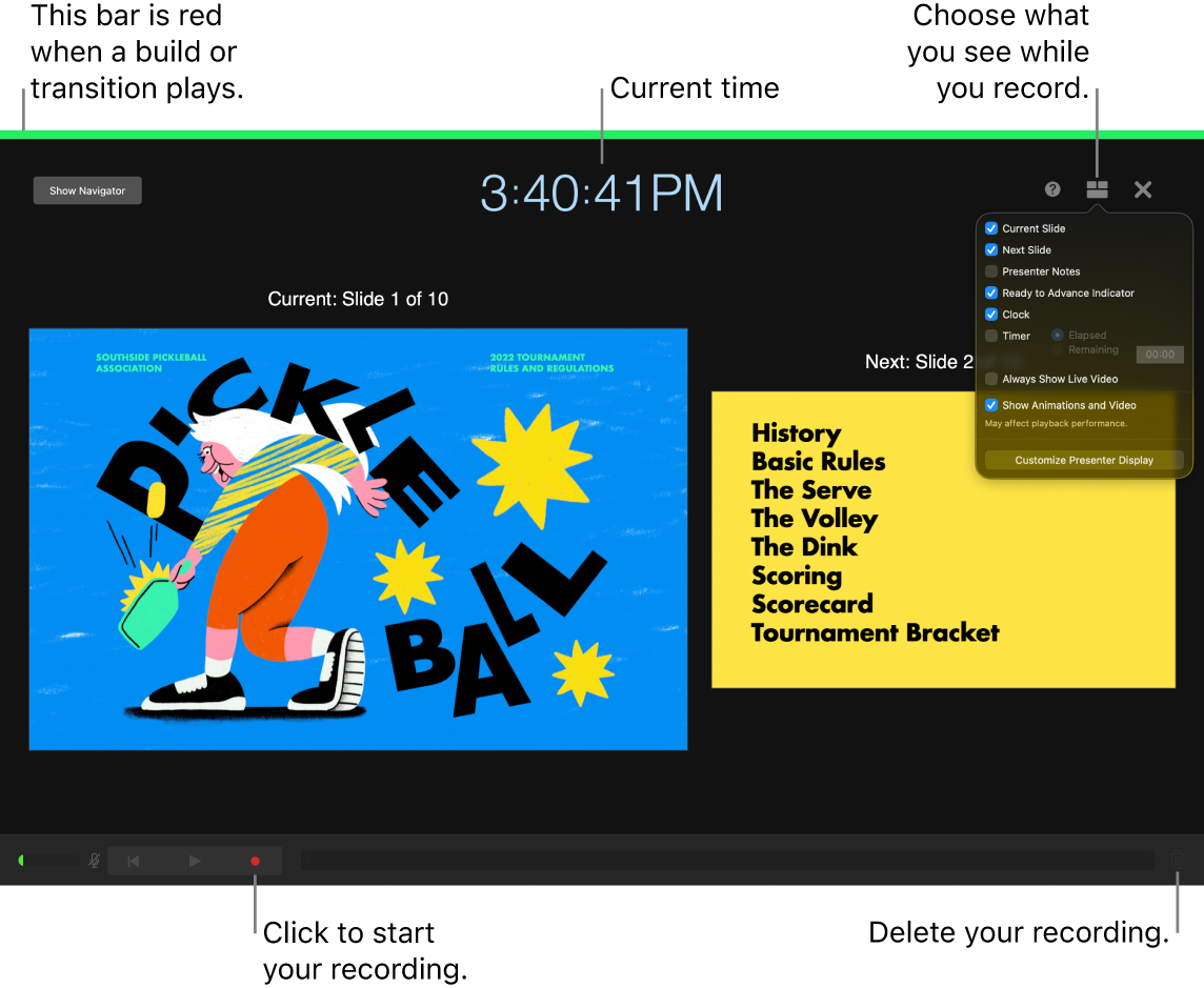 Screenshot of voice recording mode on the presenter display. The current and next slide, the current time, and the presenter display controls are visible. The control to start and end the recording and the control to delete the recording appear near the bottom of the display.