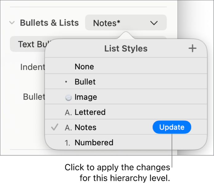 The List Styles pop-up menu with an Update button next to the name of the new style.