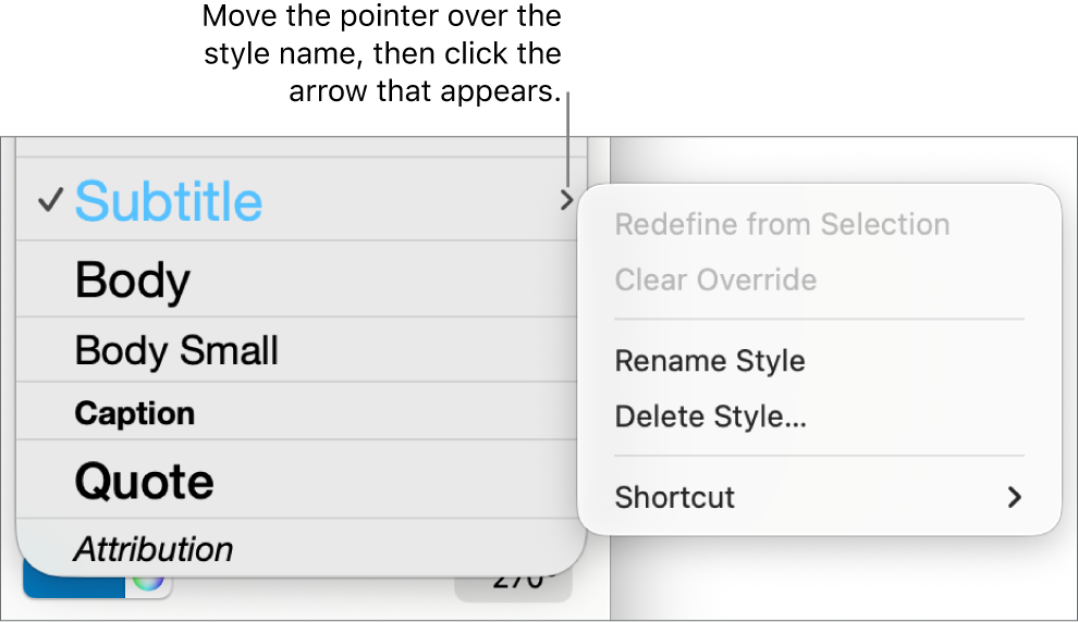 The Paragraph Styles menu with the shortcut menu open.