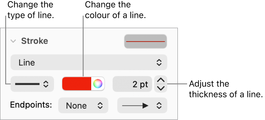 The stroke controls for setting endpoints, line thickness and colour.