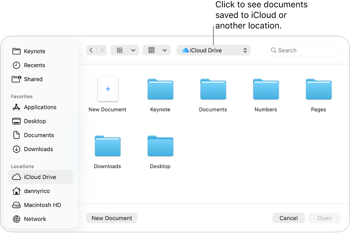The Open dialogue with the sidebar open on the left and iCloud Drive selected in the pop-up menu at the top. Folders for Keynote, Numbers and Pages appear in the dialogue, along with a New Document button.