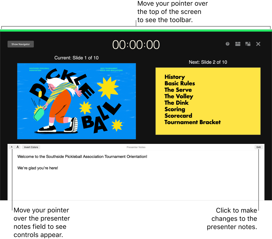The Keynote presenter display with buttons to open and close the slide navigator and display options along the top of the screen. The current slide and next slide appear in the middle of the screen, with the Presenter Notes field in the bottom.