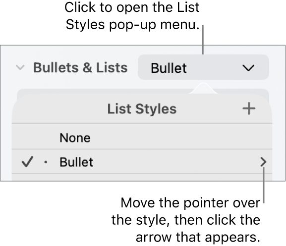 The List Styles pop-up menu with one style selected and an arrow to its far right.