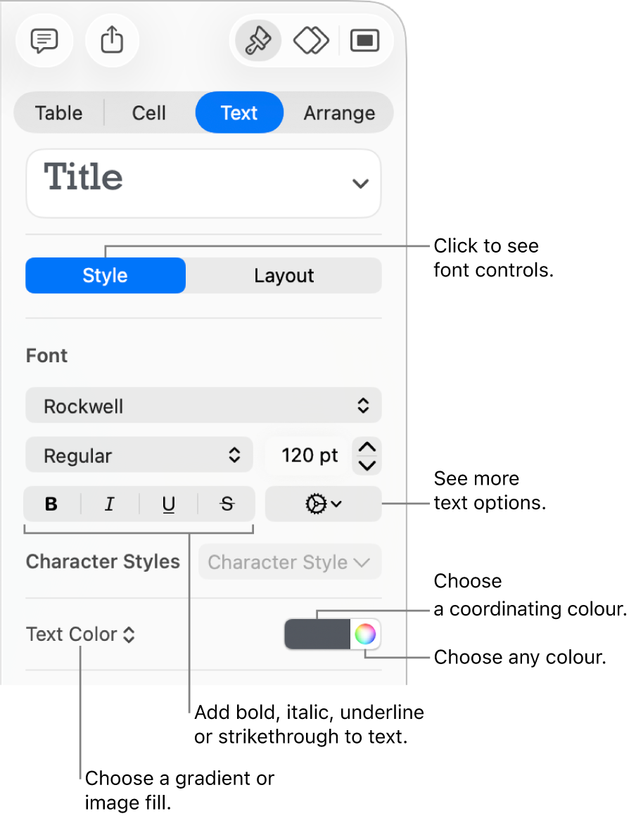 The controls for styling table text.