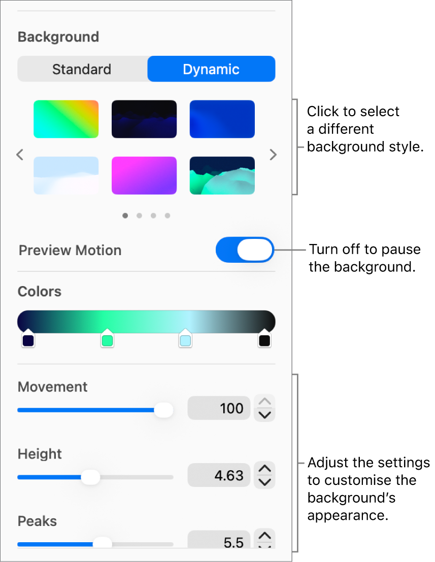 The Dynamic button selected in the Background section of the Format sidebar with the dynamic background styles, Motion Preview control and appearance controls displayed.