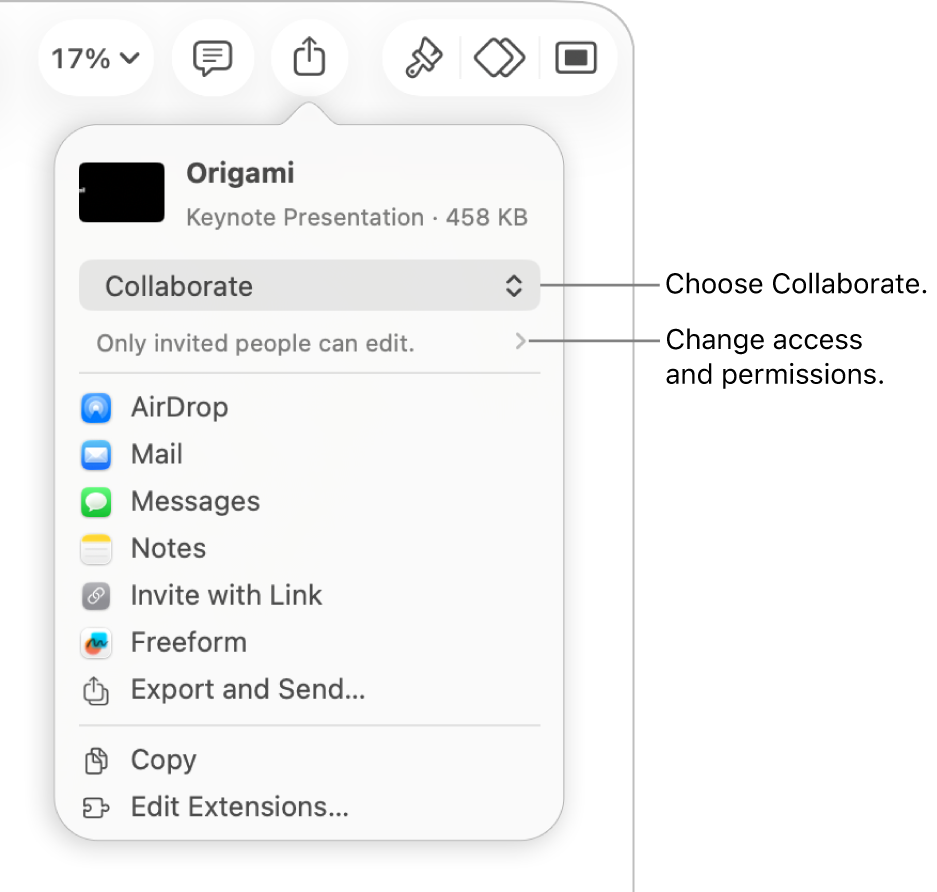 The Share menu with Collaborate selected at the top, and access and permission settings underneath.