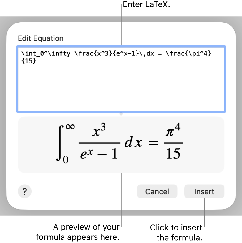 The quadratic formula written using LaTeX in the Equation field, and a preview of the formula below.