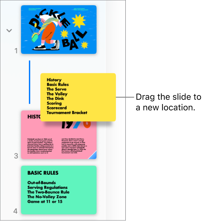 The slide navigator showing a reordered slide thumbnail with a line on the left.